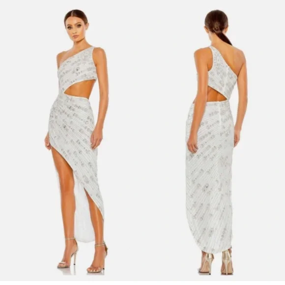 MAC DUGGAL 10880 BEADED ONE SHOULDER CUTOUT ASYMMETRICAL WHITE GOWN sz 4